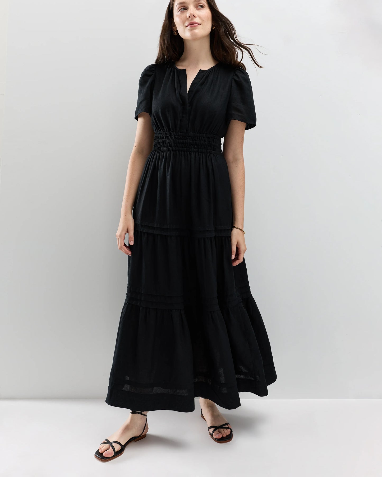 100% European Linen Tiered Maxi Dress - XS / Ivory Porcelain Blue Petite Floral