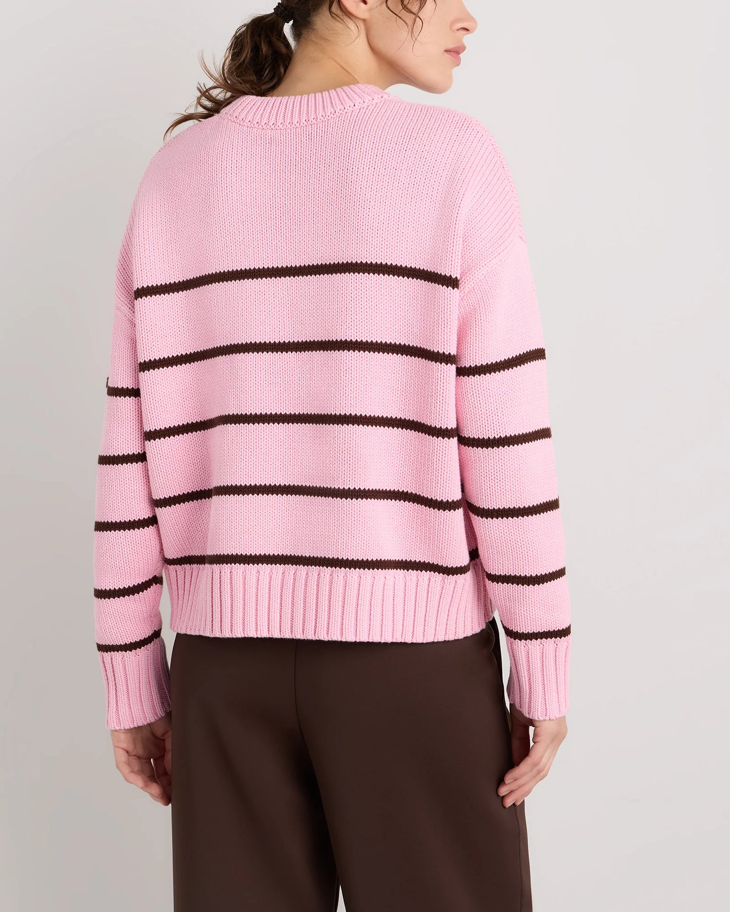 100% Organic Cotton Striped Crew Sweater - XS / Heather Brown/Ivory