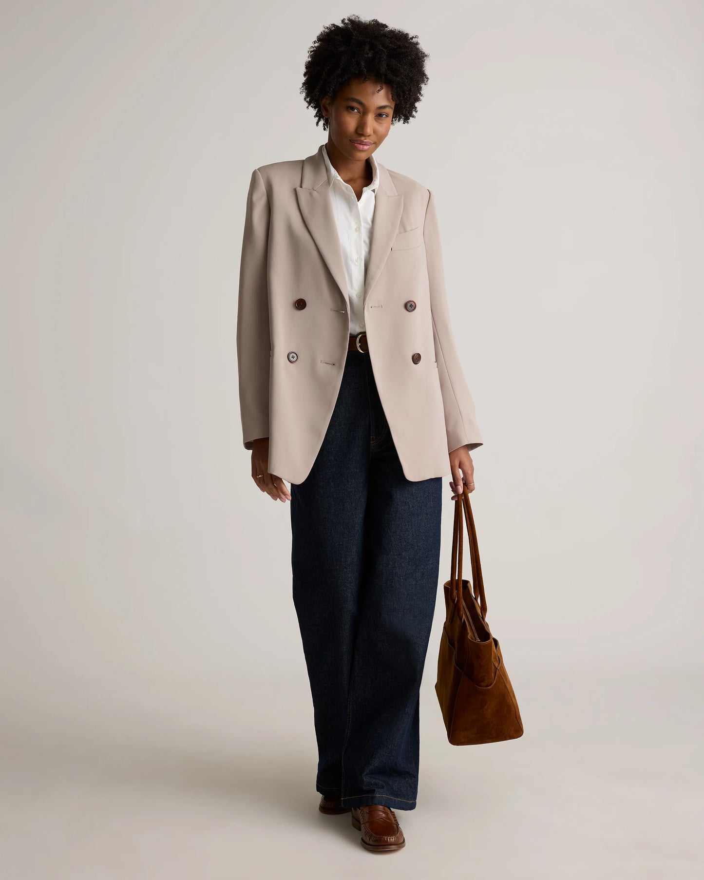 Stretch Crepe Relaxed Double-Breasted Blazer - XS / Sand