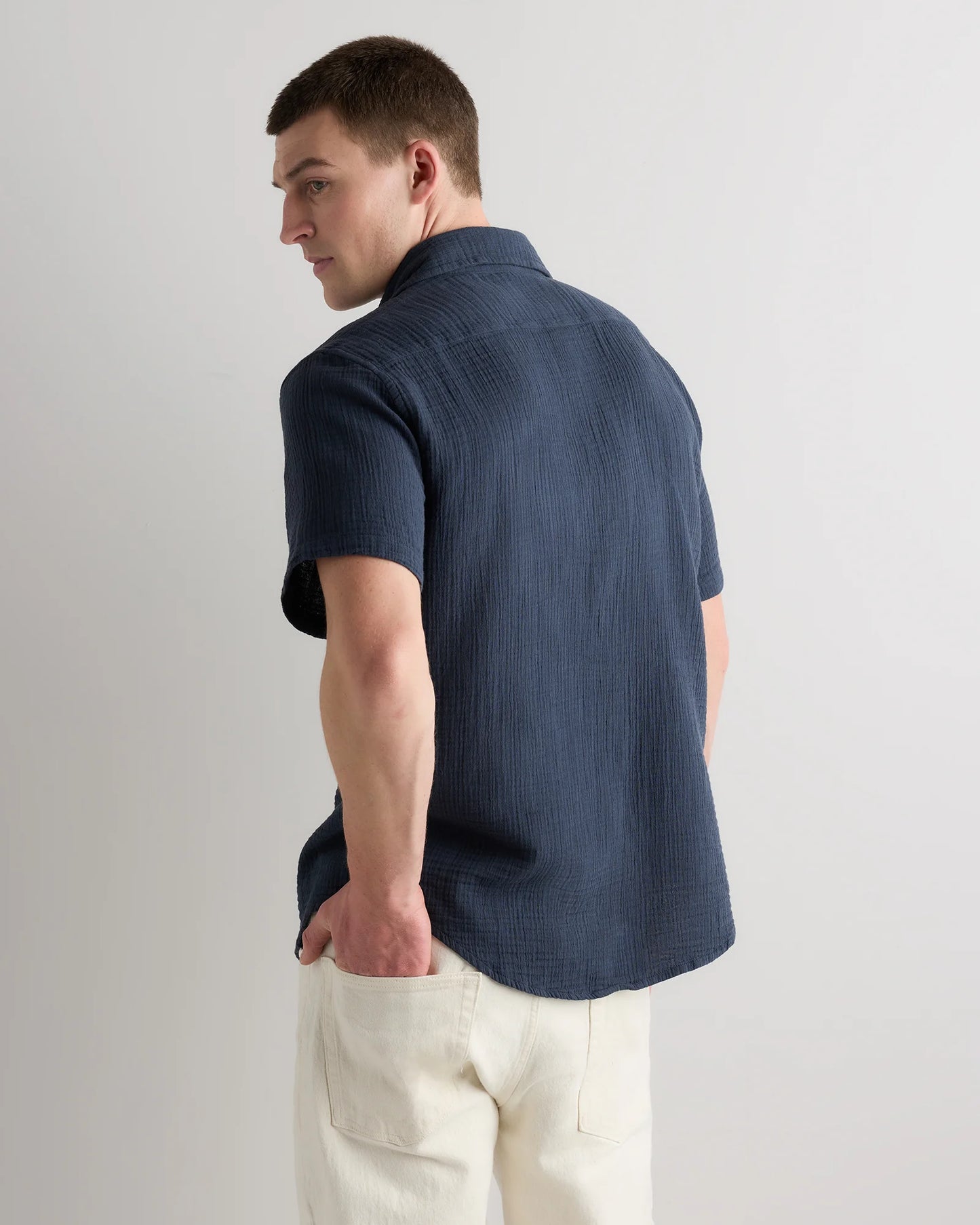 100% Organic Cotton Gauze Short Sleeve Shirt - S / Indigo Blue