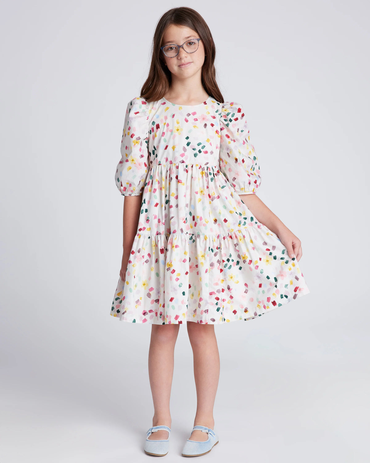 100% Cotton Poplin Puff Sleeve Dress - 12 / Confetti Dot