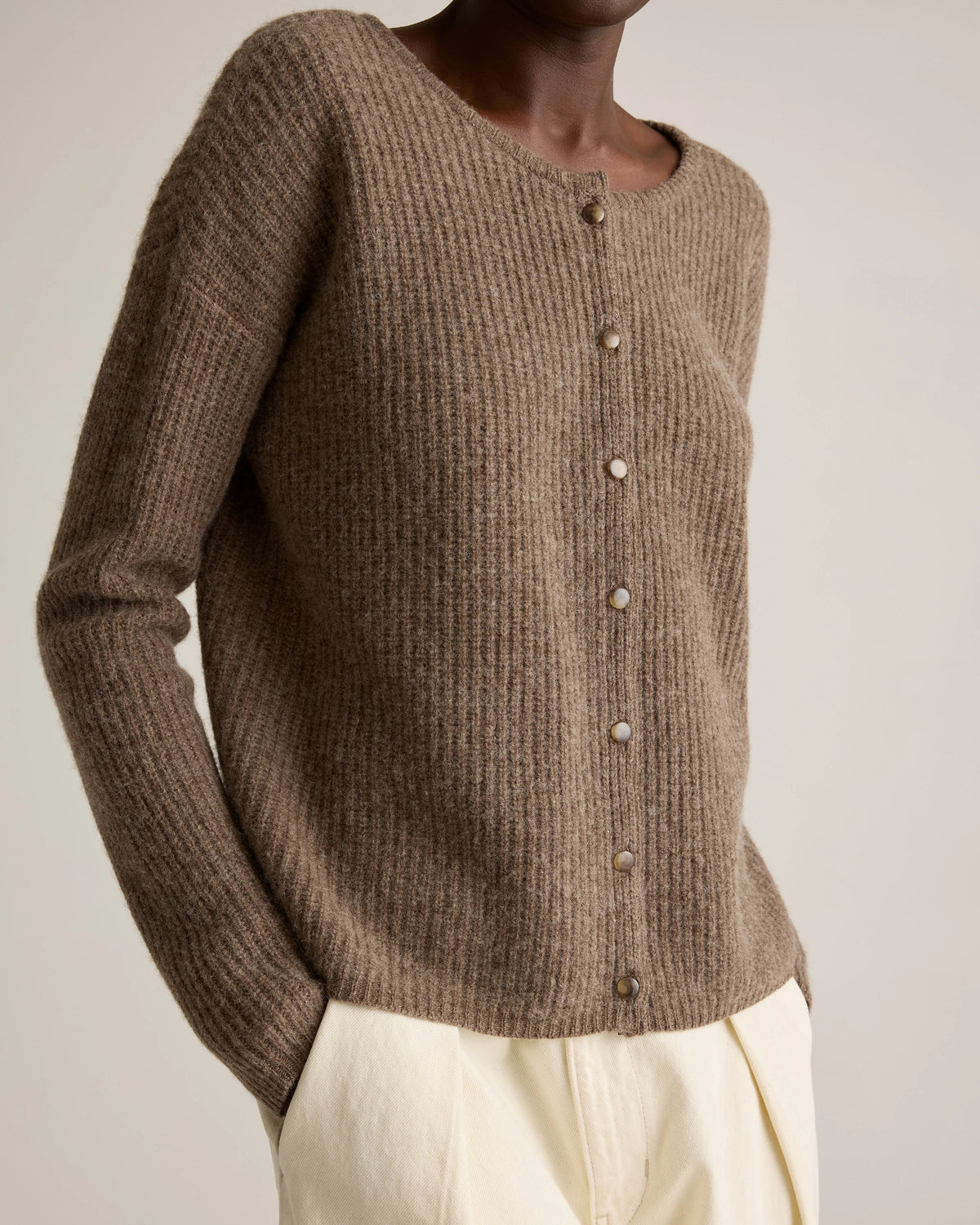 100% Yak Soft Rib Crew Cardigan - XS / Black
