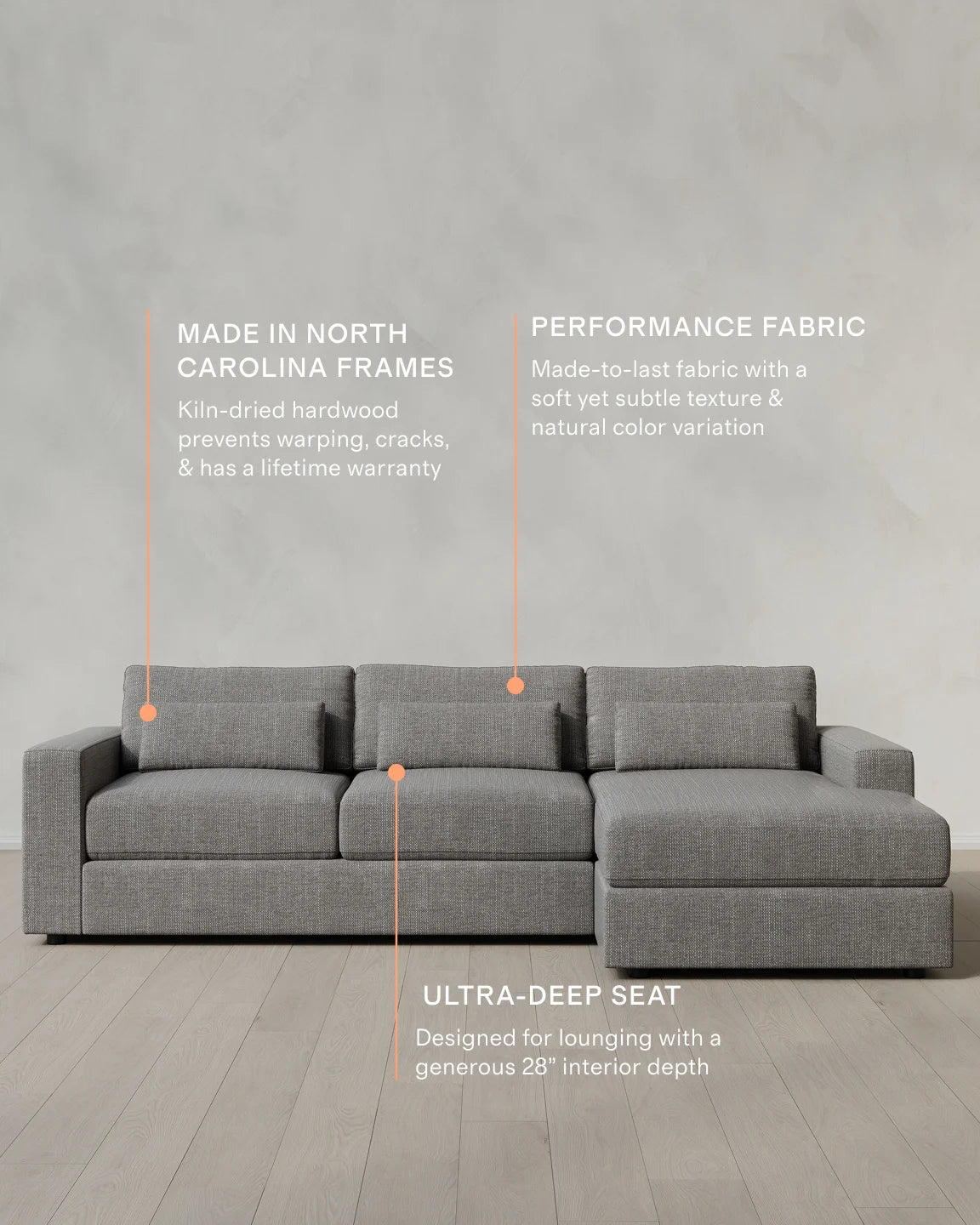 Ashford Deep Seat Chaise Sectional in Performance Chenille Linen Blend - 119" Right Arm / Ink