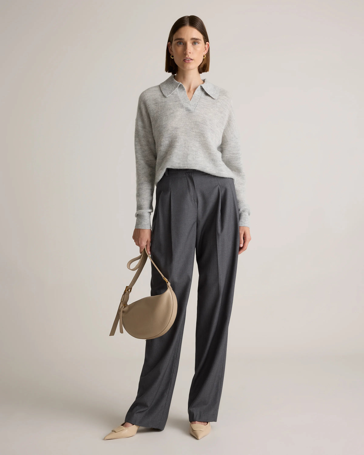 Baby Alpaca-Wool Waffle Stitch Polo Sweater - XS / Ivory