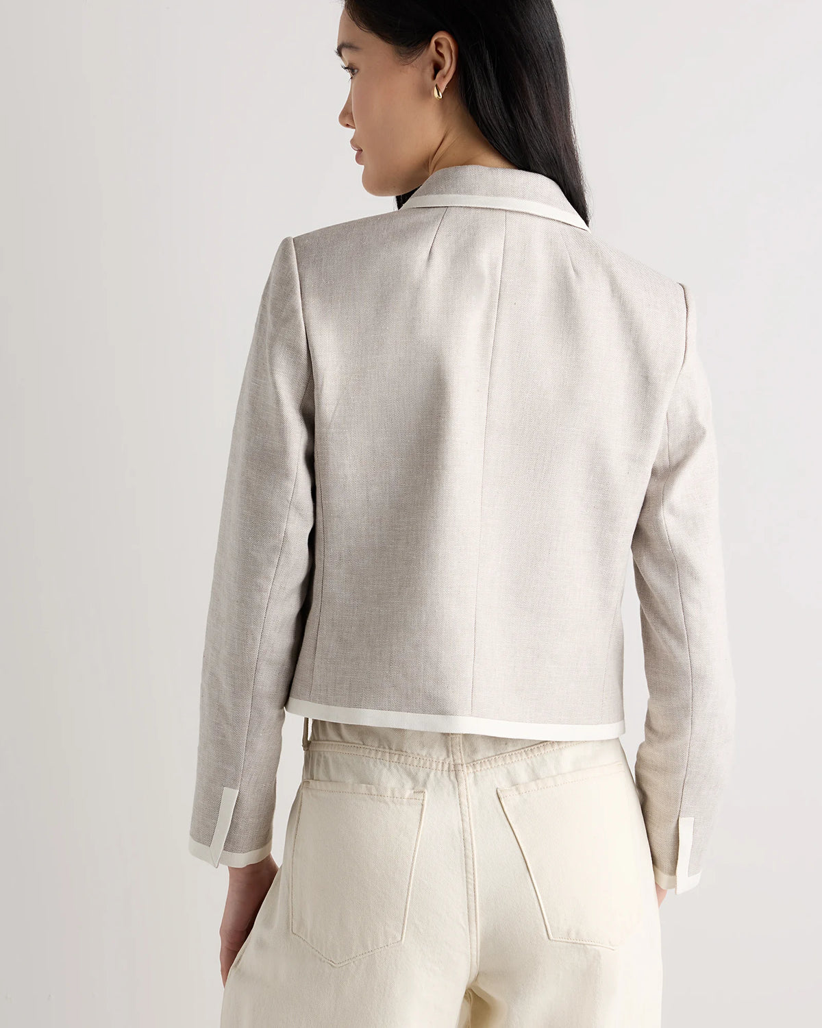 European Stretch Linen Cropped Lady Jacket - XS / Deep Navy/Ivory