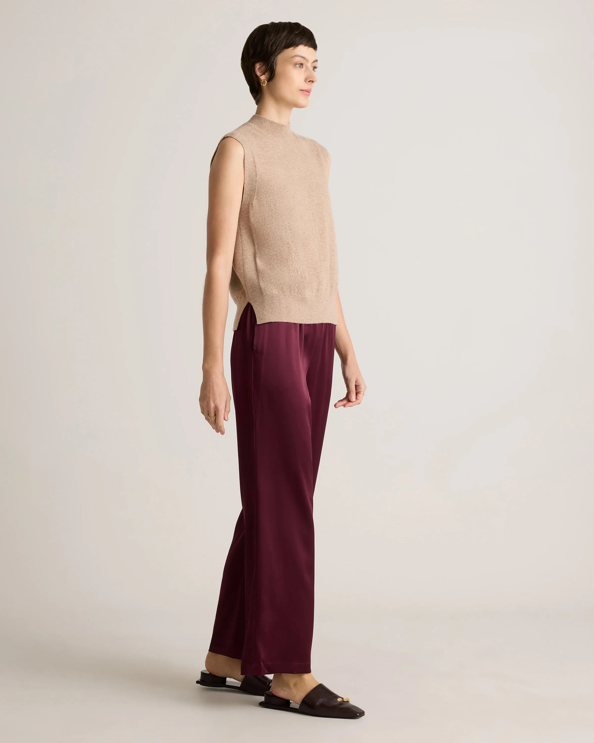 100% Washable Silk Drawstring Wide Leg Pants - XS / Champagne
