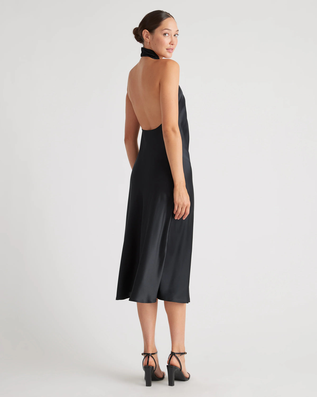 100% Washable Silk Twist Halter Midi Dress - XS / Black