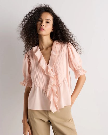 Organic Cotton Voile Short Sleeve Peasant Blouse - XS / Ballet Slipper