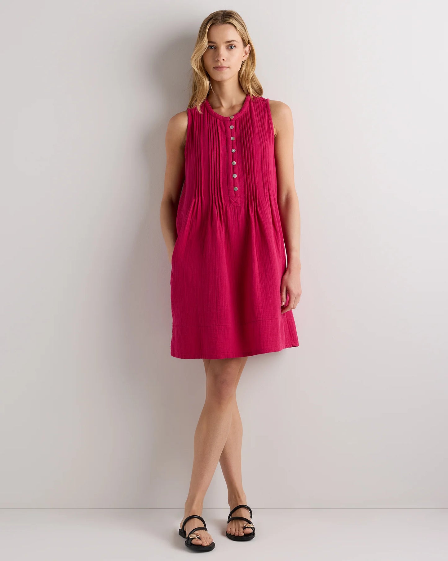 100% Organic Cotton Gauze Sleeveless Swing Dress - XS / Amaranth Pink