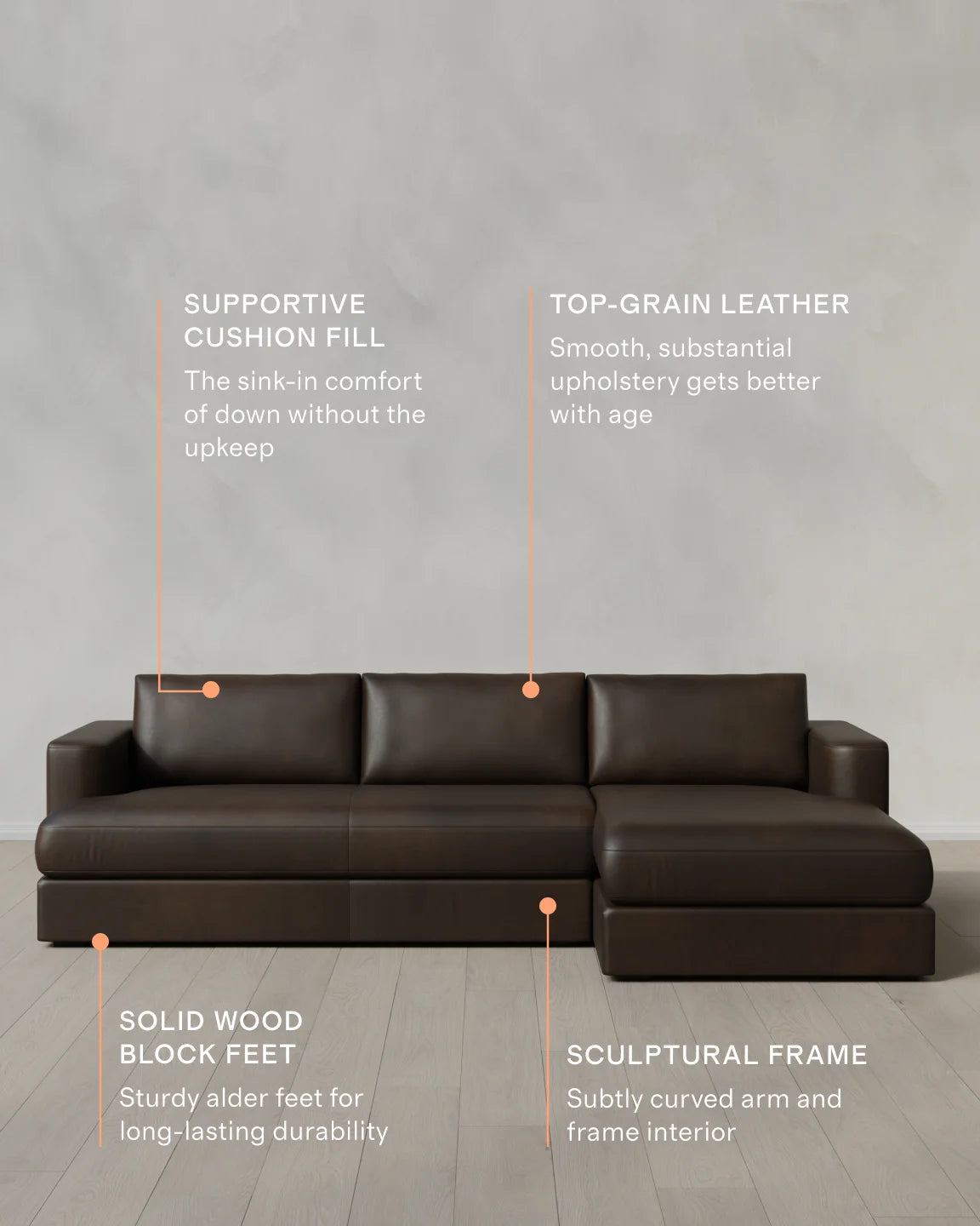 Sierra Curved Arm Chaise Sectional in Leather - Right Arm / Auburn