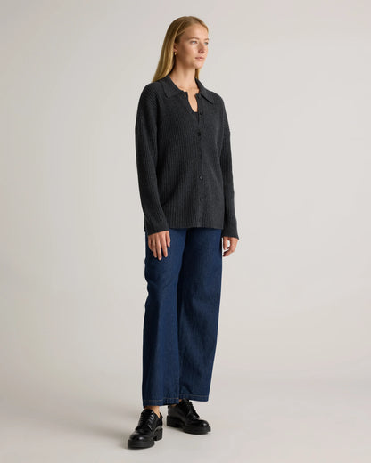 Mongolian Cashmere Wide-Rib Oversized Collared Cardigan - XS / Oatmeal