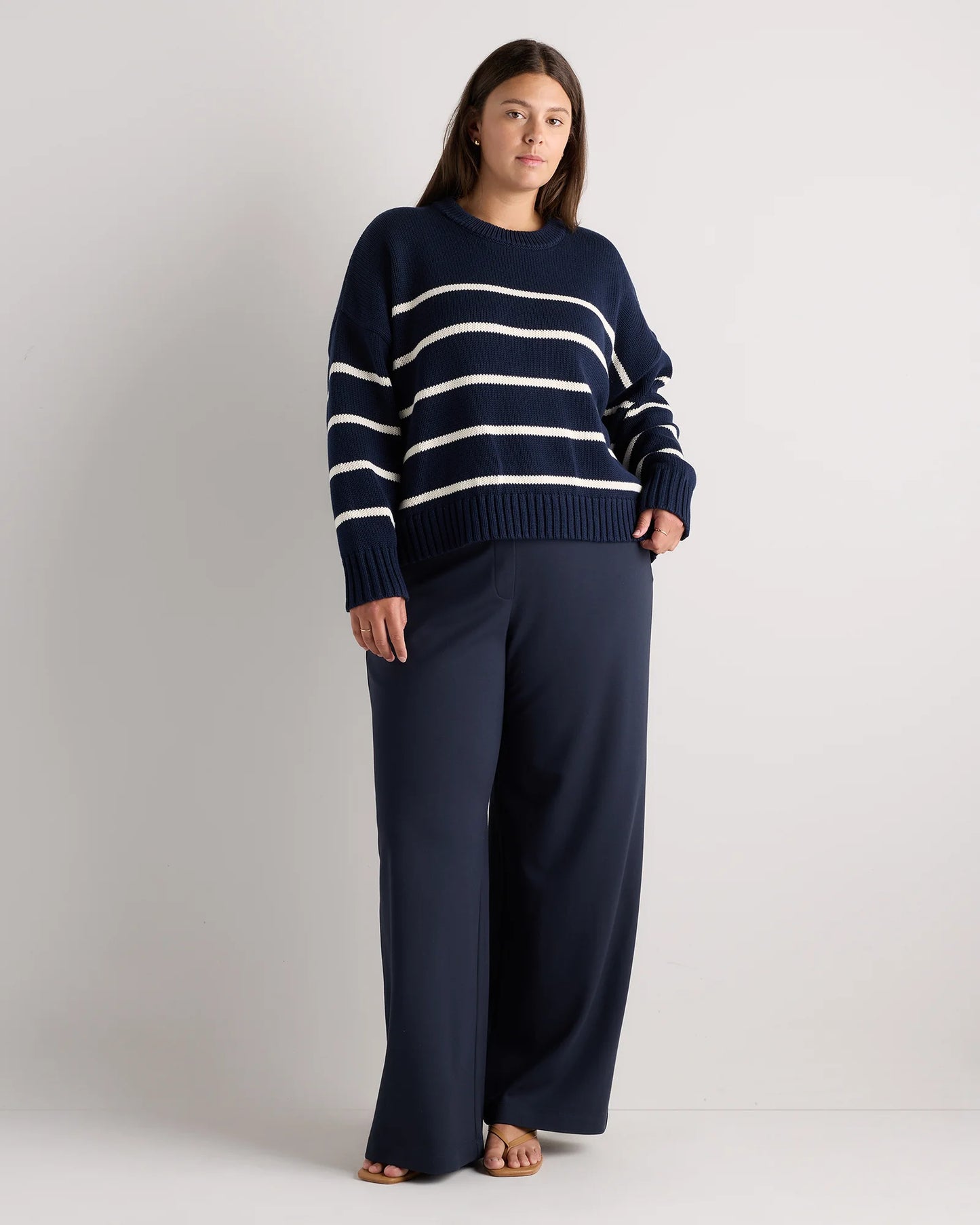 100% Organic Cotton Striped Crew Sweater - 1X / Speckled Beige/Ivory
