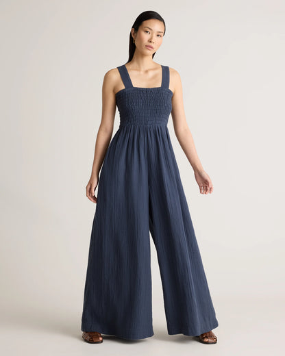 100% Organic Cotton Gauze Smocked Wide Leg Jumpsuit - XS / Spiced Orange