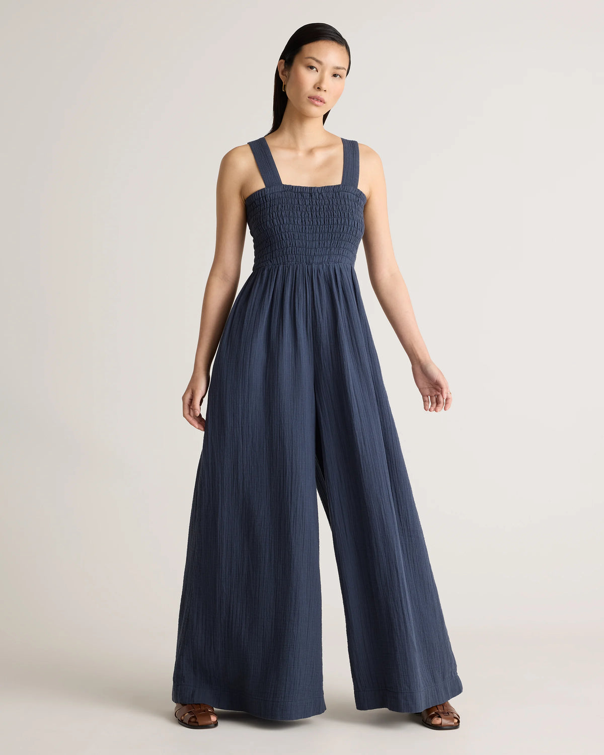 100% Organic Cotton Gauze Smocked Wide Leg Jumpsuit - XS / Wild Cherry