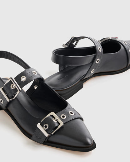 Italian Leather Bold Buckle Slingback Flat - 5 / Black
