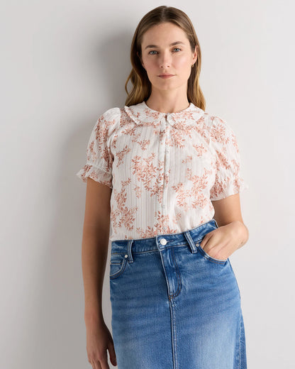 Embroidered Cotton Ruffle Collar Short Sleeve Blouse - XS / Classic White