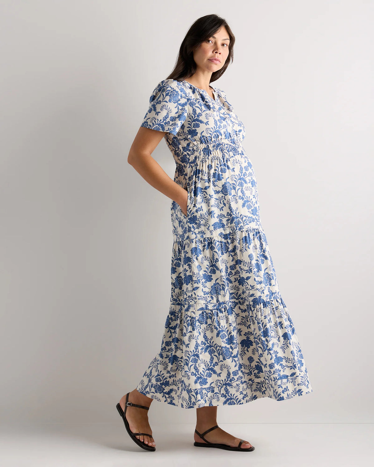 100% Organic Cotton Poplin Maternity Tiered Maxi Dress - XS / Riviera Blue Heirloom Floral