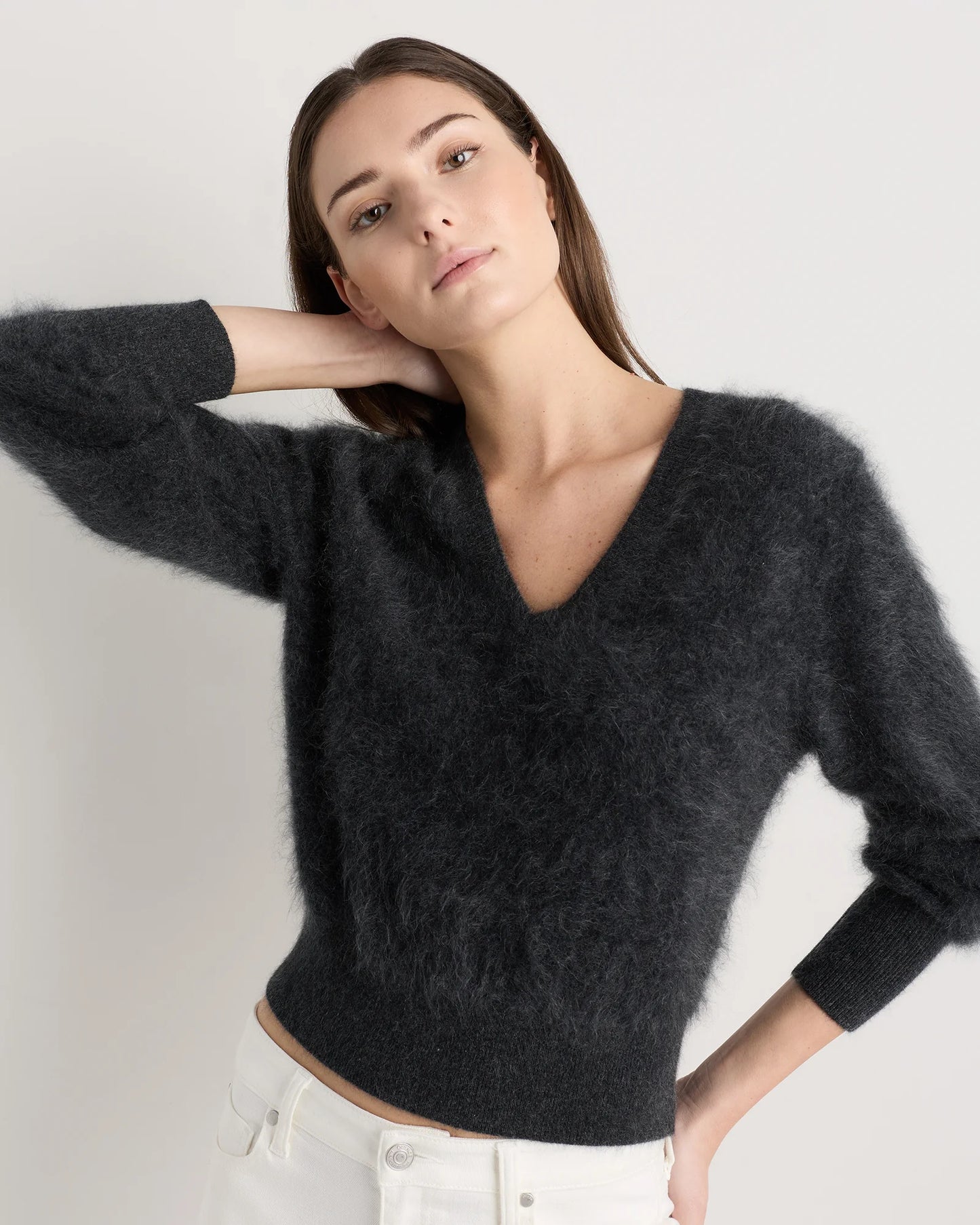 Brushed Cashmere Shrunken V-Neck Sweater - XS / Heather Grey