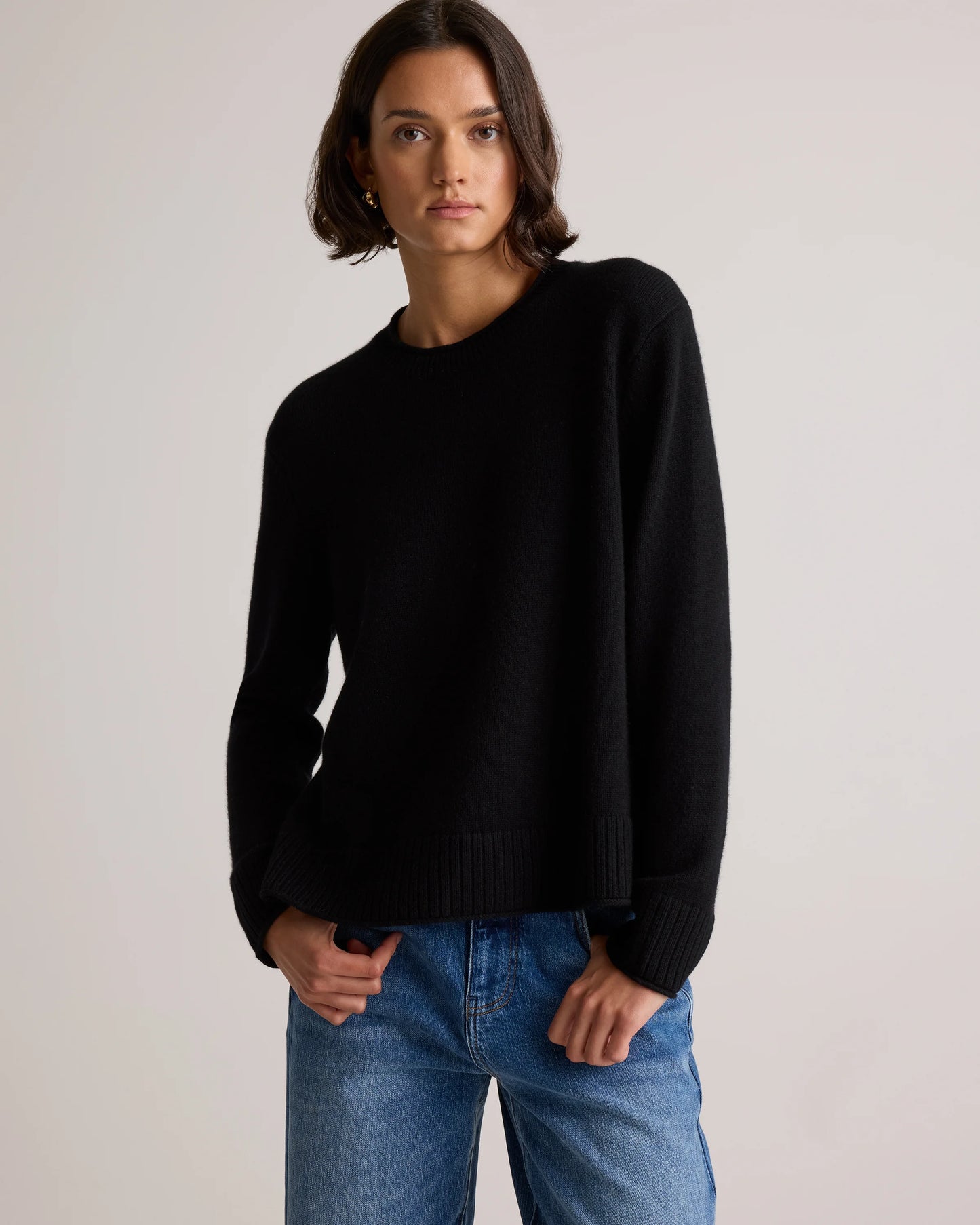 Mongolian Cashmere Boxy Crewneck Sweater - XS / Faded Denim/Brown/Ivory Variegated Stripe