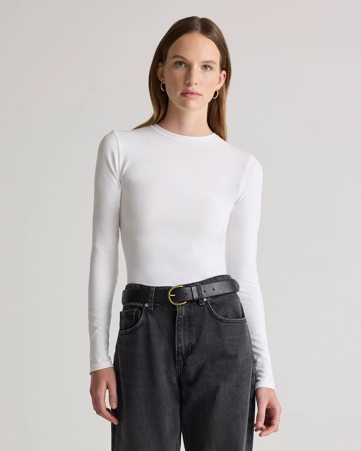 Stretch Cotton Jersey Fitted Long Sleeve T-Shirt - XS / Linen White