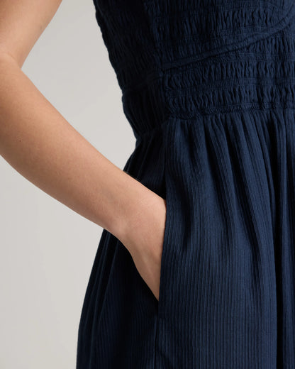 Organic Textured Cotton Smocked V-Neck Midi Dress - XS / Pale Custard Yellow
