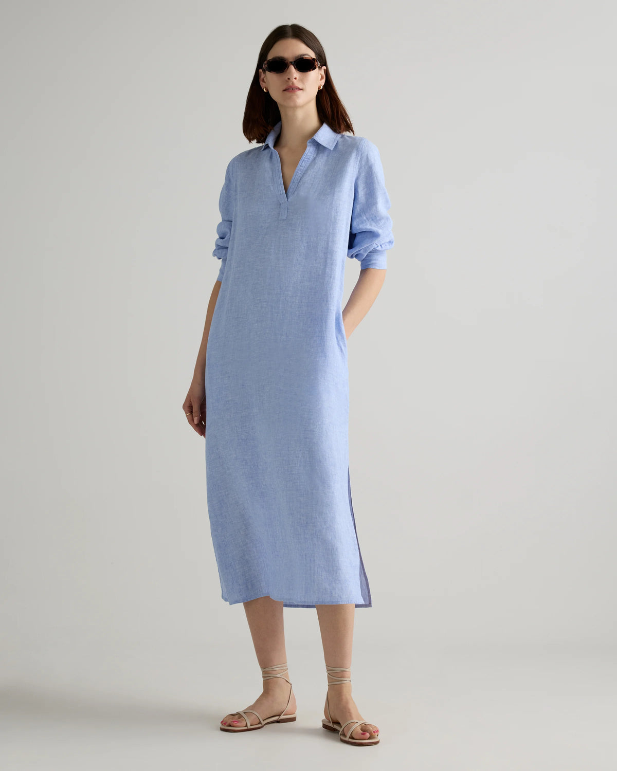 100% European Linen Popover Maxi Dress - XS / Blue Pinstripe