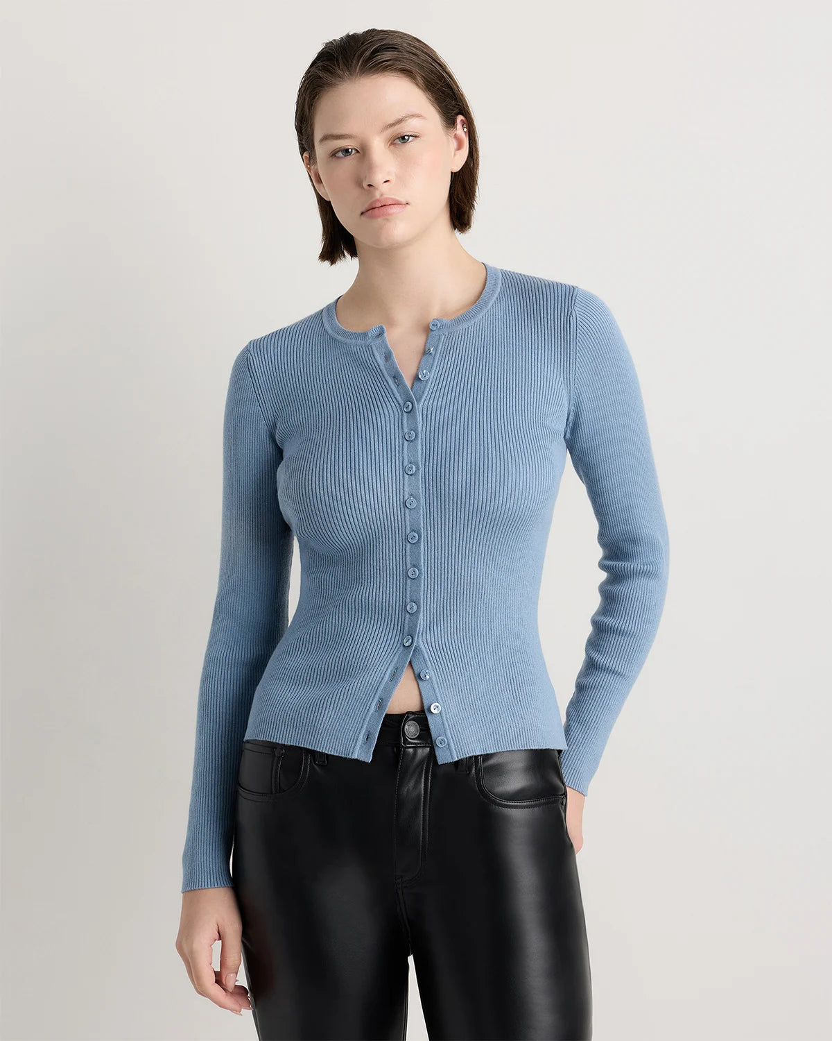 Cotton Cashmere Fitted Ribbed Cardigan - XS / Mocha Heather
