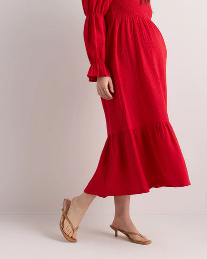 100% Organic Cotton Gauze Maternity Smocked Midi Dress - XS / Wild Cherry