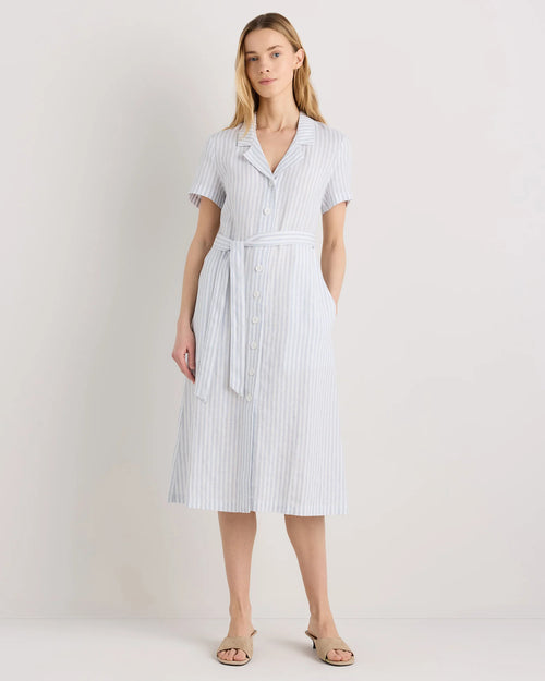 100% European Linen Button Front Dress - XS / Sky Blue Mariner Stripe