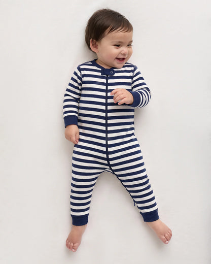 100% Organic Cotton One Piece Pajama - 0-3M / Navy Stripe