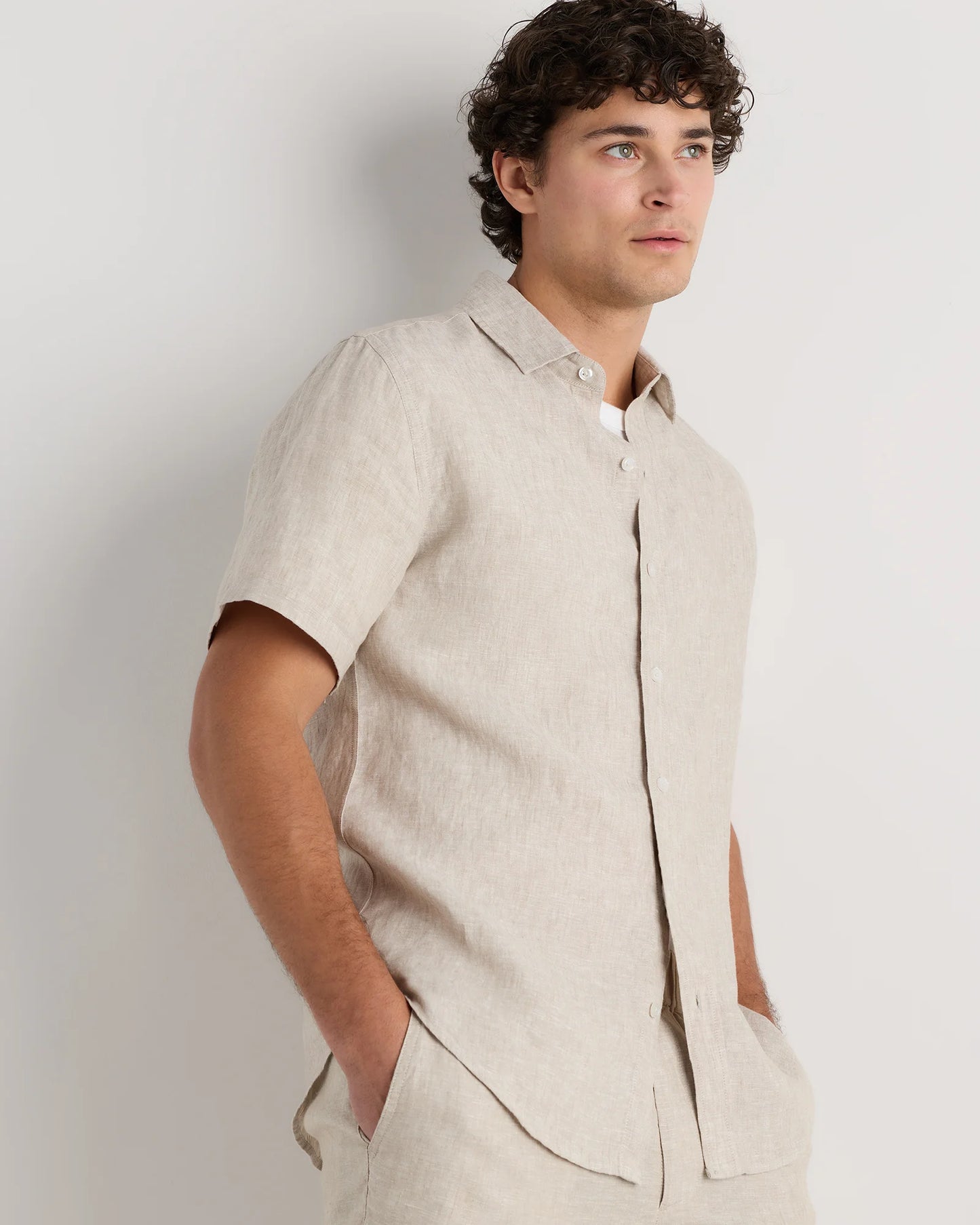 100% European Linen Relaxed Short Sleeve Shirt - XS / Taupe Brown Chambray