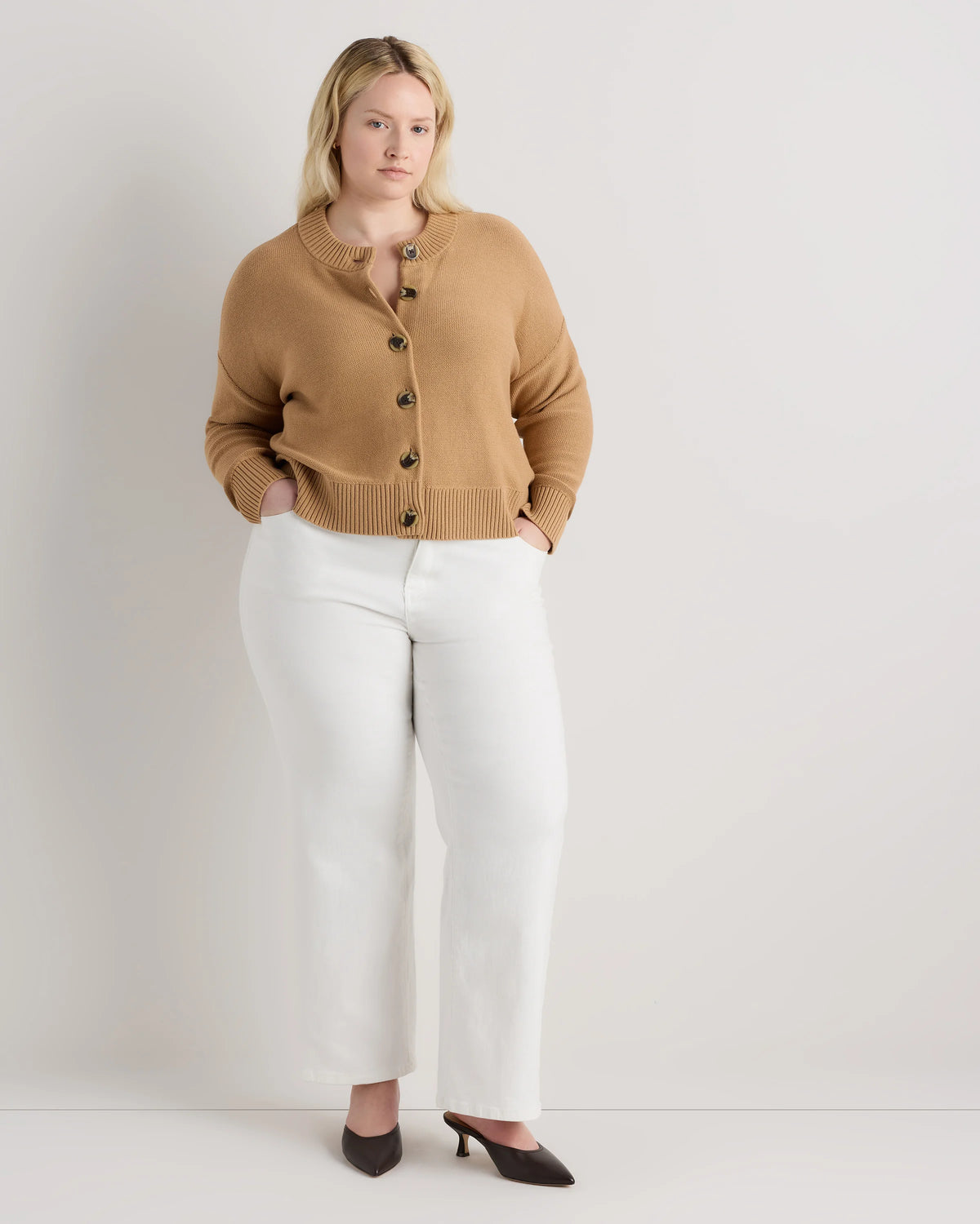 100% Organic Cotton Cropped Cardigan - 1X / Speckled Beige