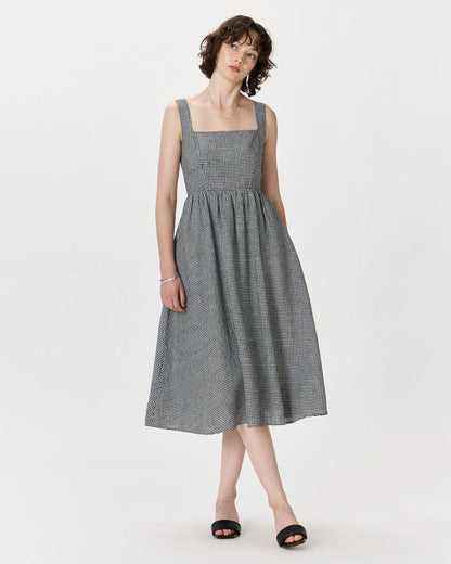 100% European Linen Fit & Flare Midi Dress - XS / Ivory Porcelain Blue Petite Floral