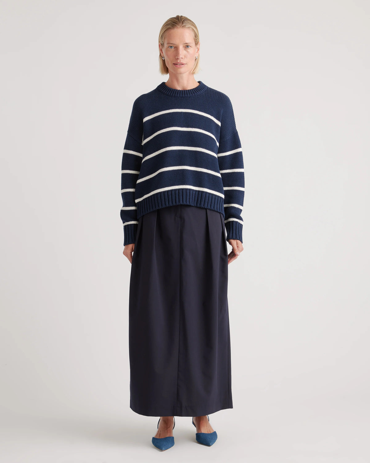 100% Organic Cotton Striped Crew Sweater - XS / Heather Brown/Ivory