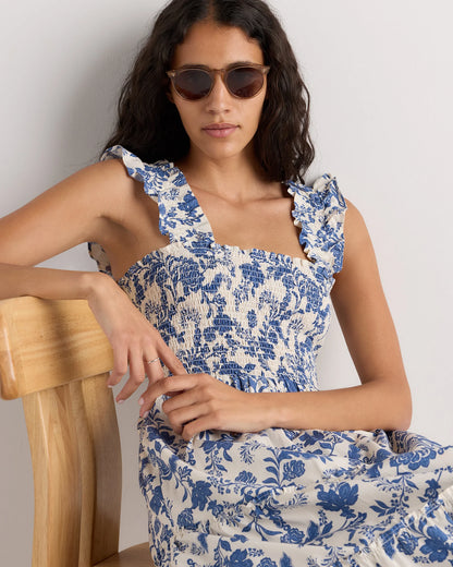 100% Organic Cotton Poplin Smocked Midi Dress - XS / Riviera Blue Heirloom Floral