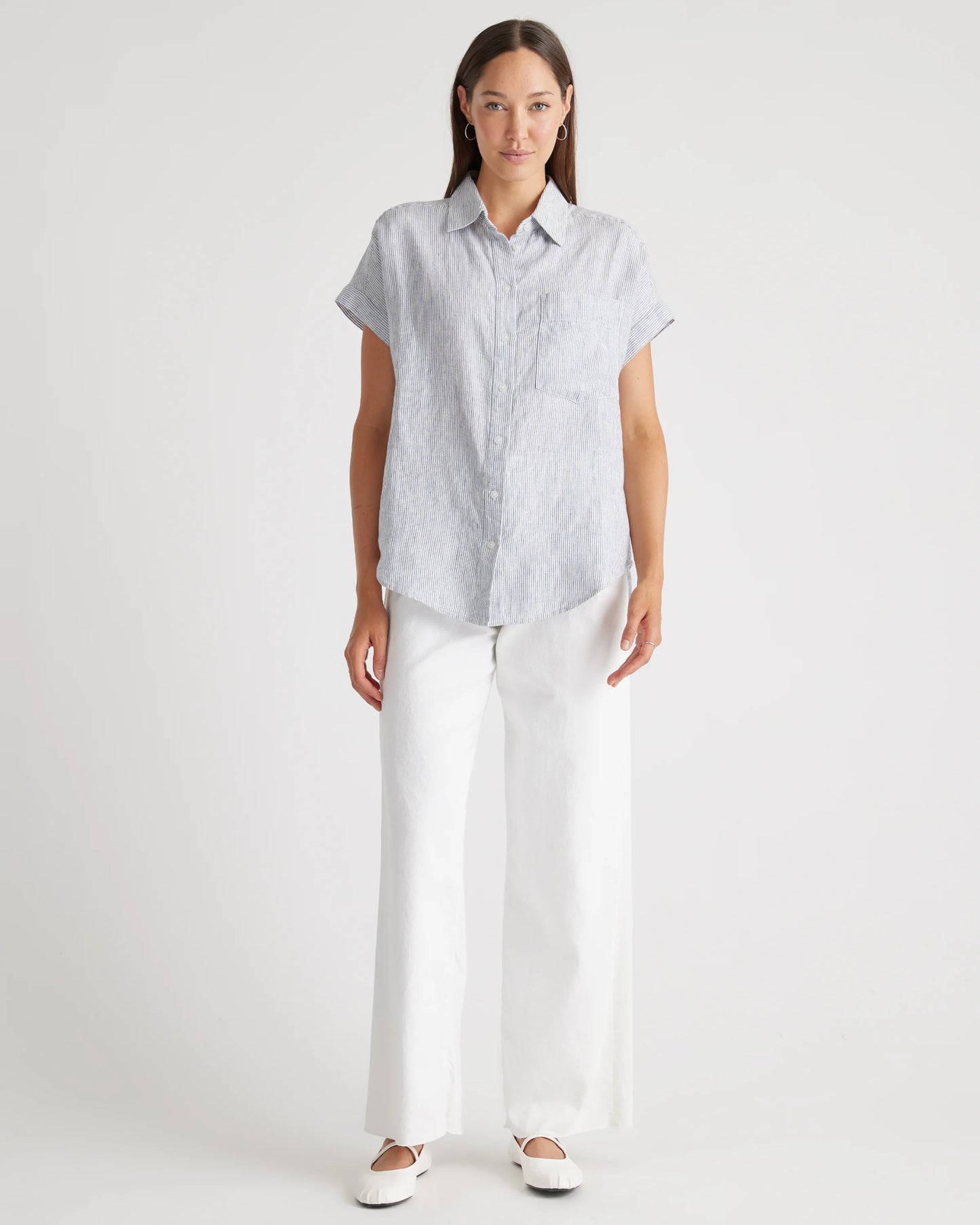 100% European Linen Camp Shirt - XS / Sky Blue Mariner Stripe