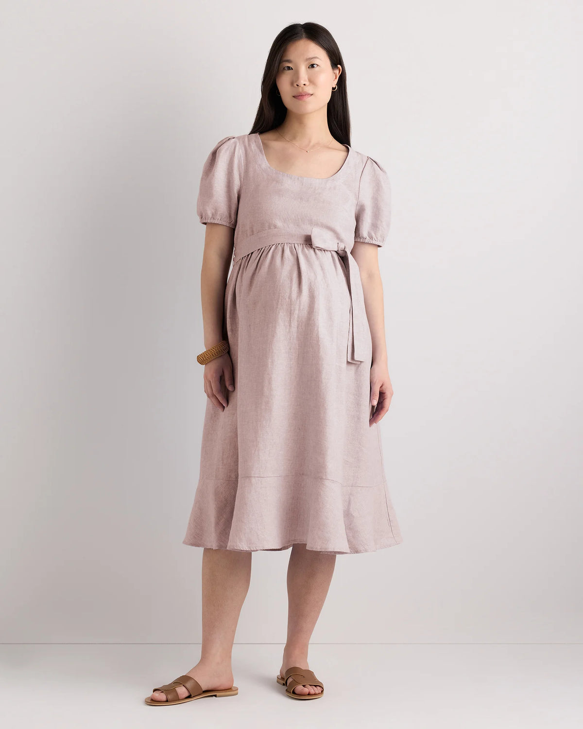 100% European Linen Maternity Short Sleeve Midi Dress - XS / Ivory Porcelain Blue Petite Floral