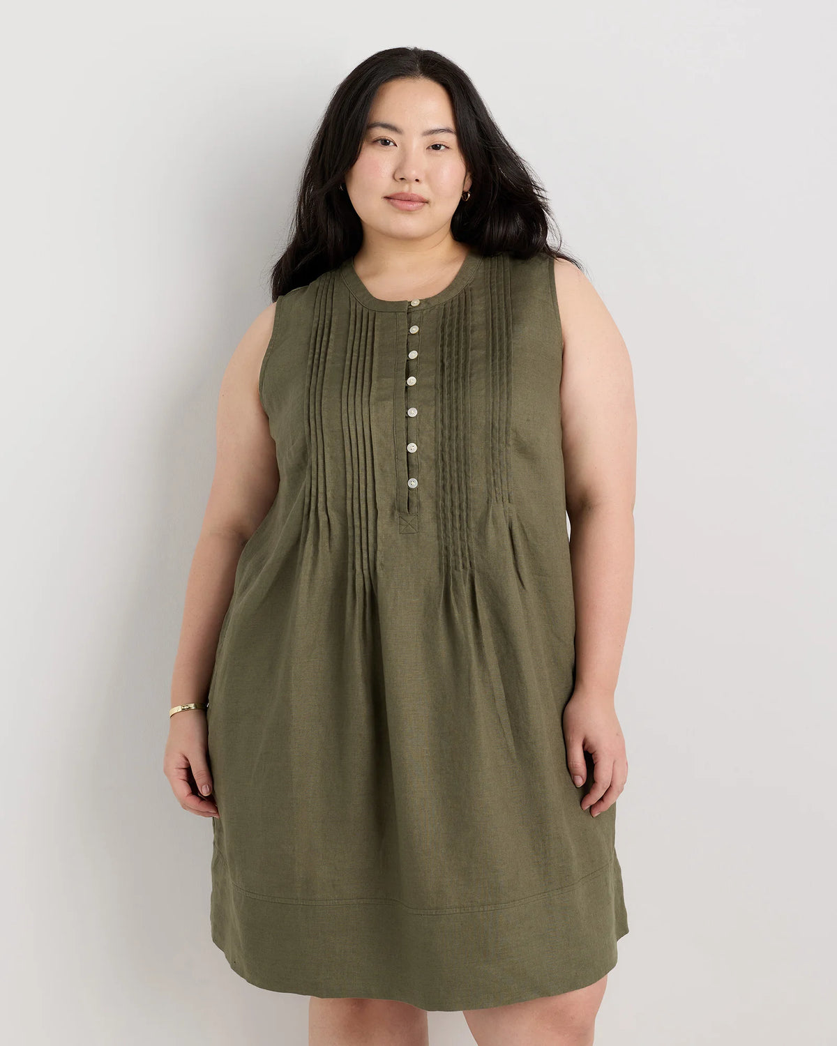 100% European Linen Sleeveless Swing Dress - 1X / Bayberry Olive