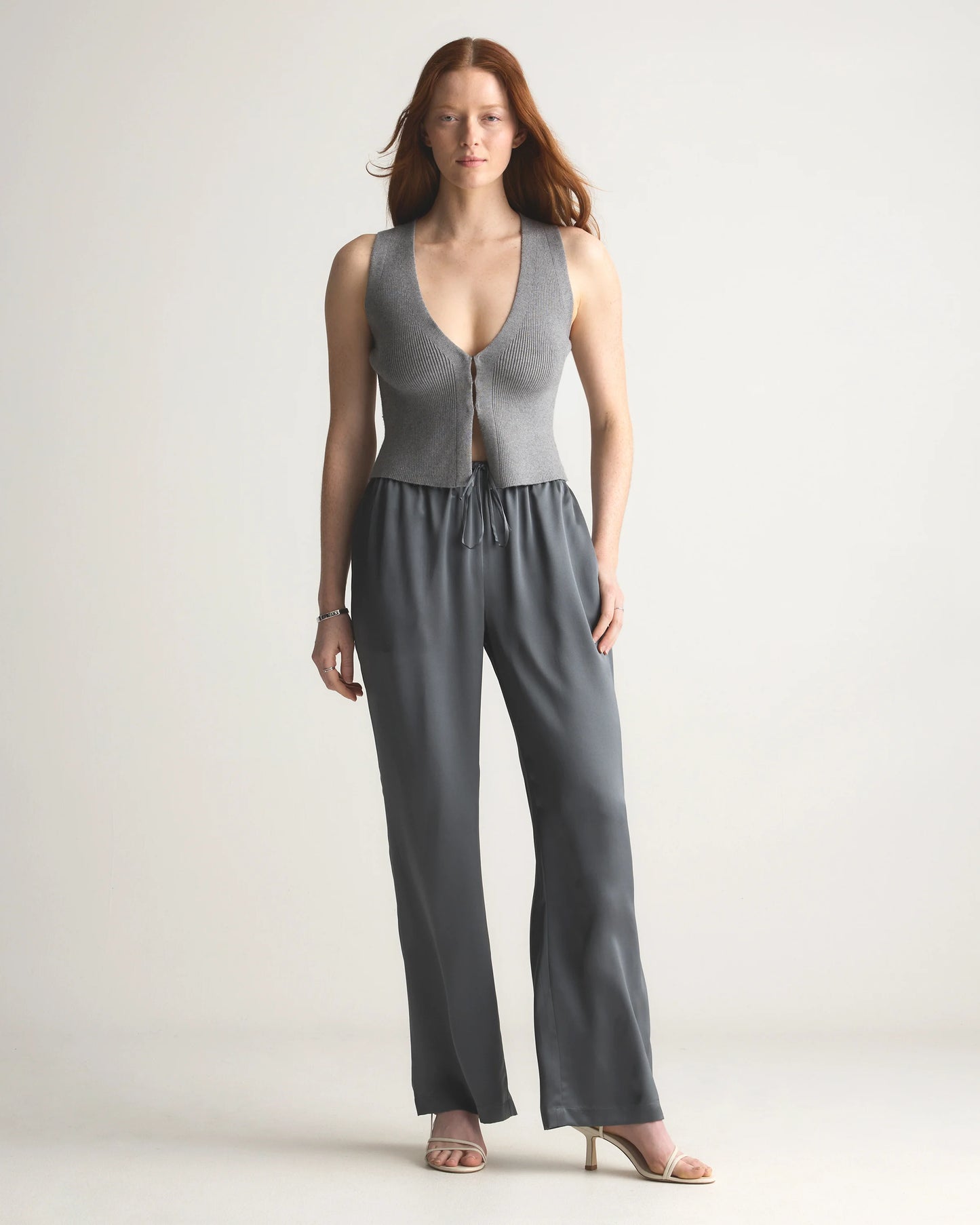 100% Washable Silk Drawstring Wide Leg Pants - XS / Champagne
