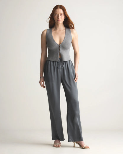 100% Washable Silk Drawstring Wide Leg Pants - XS / Champagne