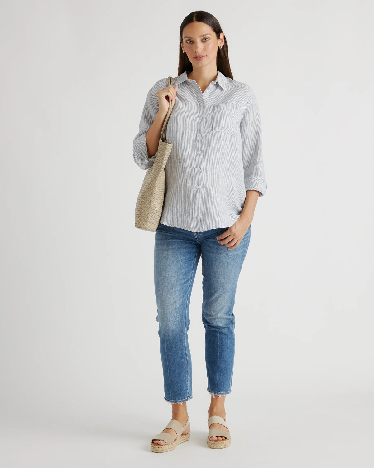 100% European Linen Maternity Long Sleeve Shirt - XS / Blue Pinstripe