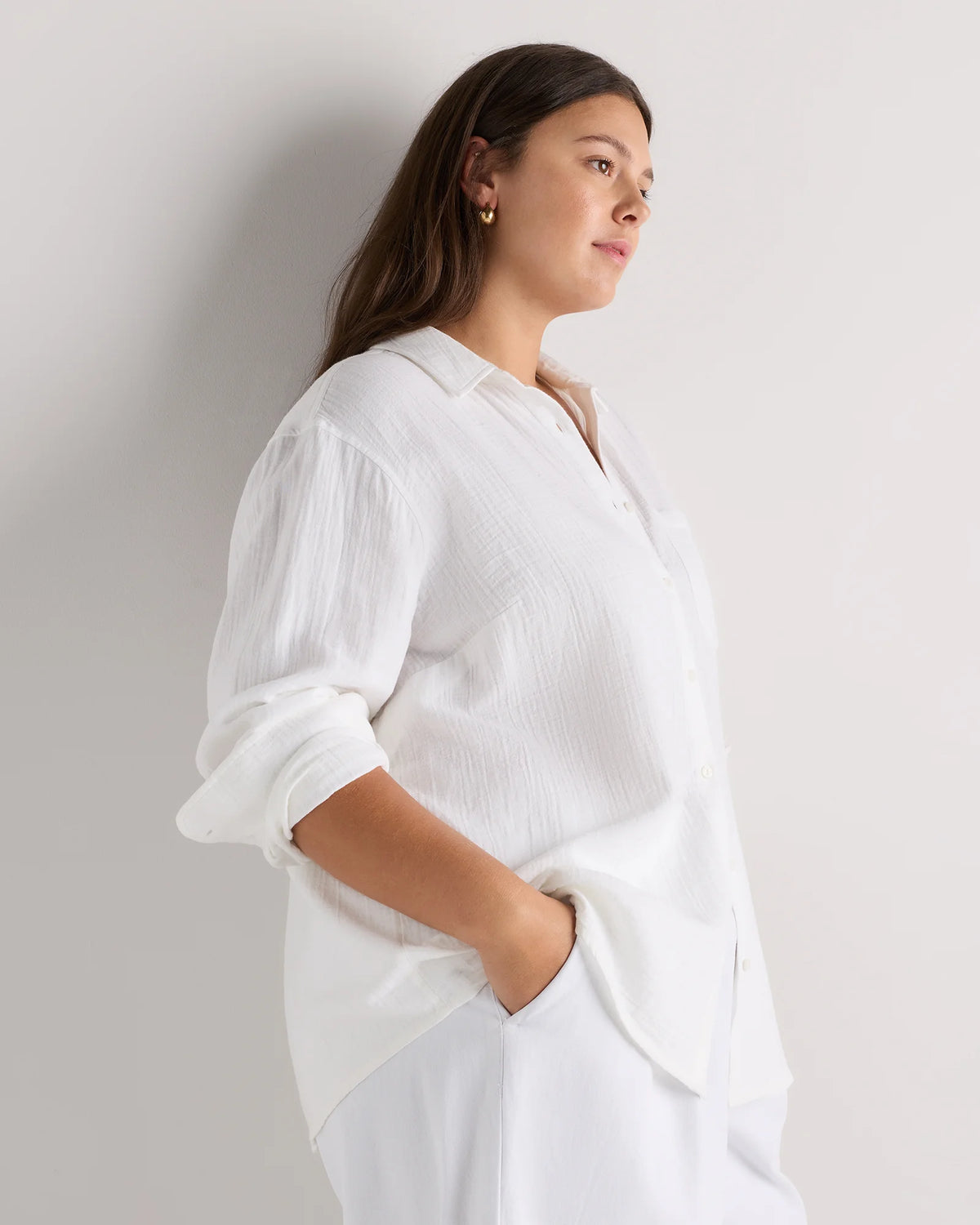 100% Organic Cotton Gauze Long Sleeve Shirt - 1X / White