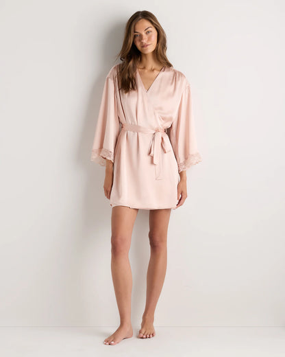 100% Washable Silk Satin Lace Trim Robe - XS / Black