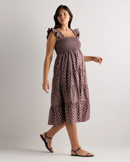 100% Organic Cotton Poplin Maternity Smocked Midi Dress - XS / Classic White