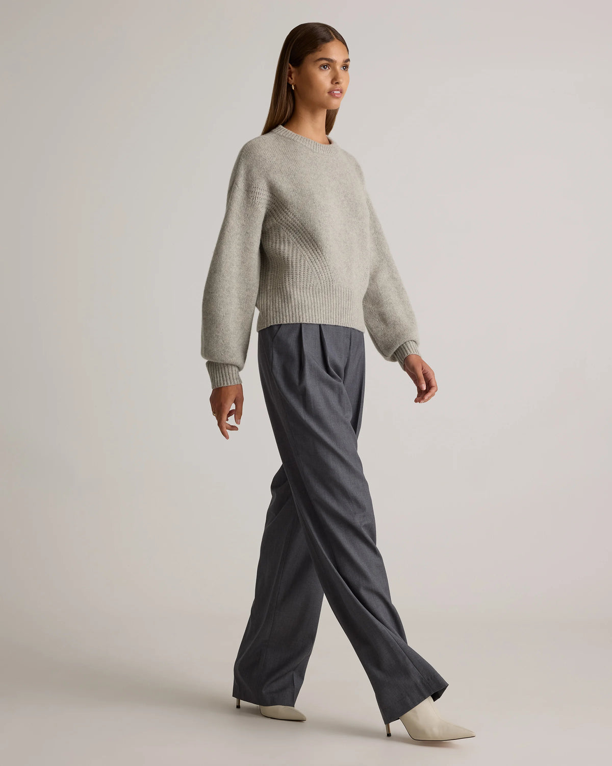 100% Yak Wool Pointelle Detail Relaxed Crew - XS / Heather Brown