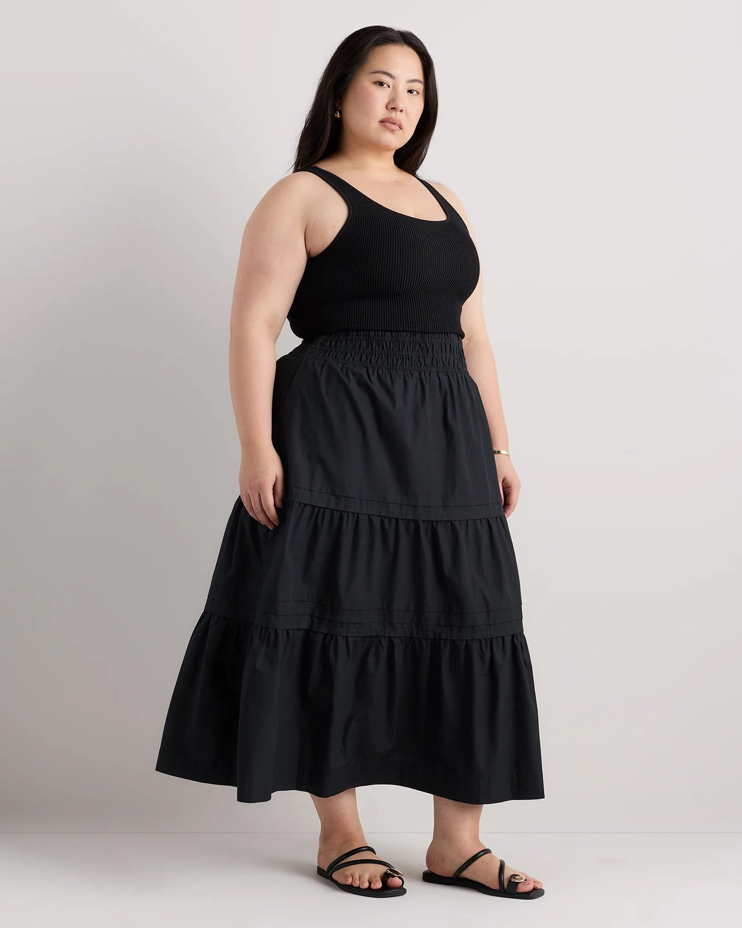 100% Organic Cotton Poplin Tiered Maxi Skirt - 1X / Black