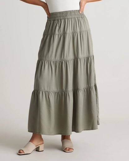 Vintage Wash Tencel Tiered Maxi Skirt - XS / Olive