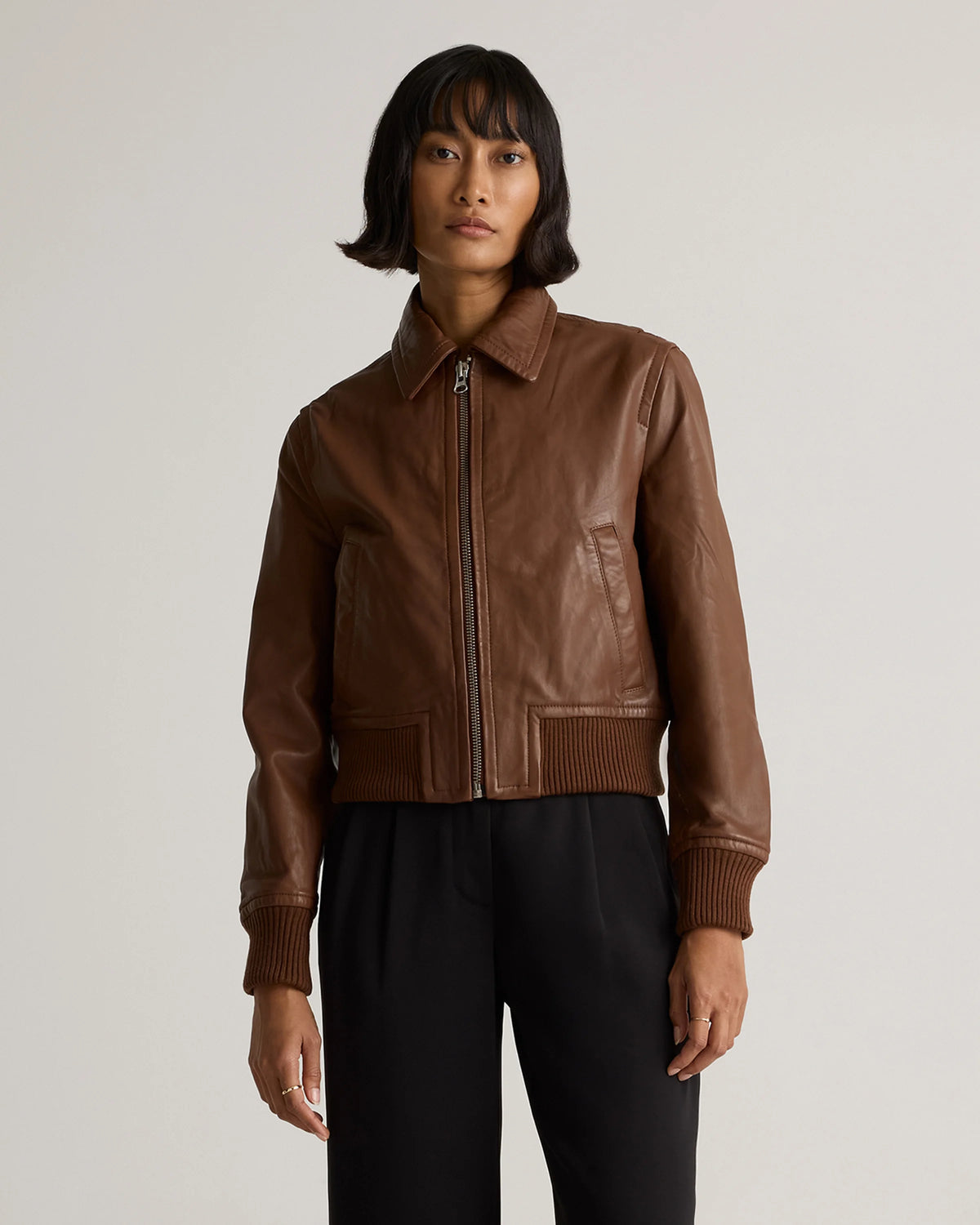 100% Washed Leather Bomber Jacket - XS / Black