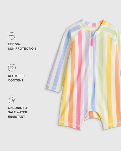 Long Sleeve Zip-Up Rash Guard One-Piece - 2T / Peri Beach Stripe