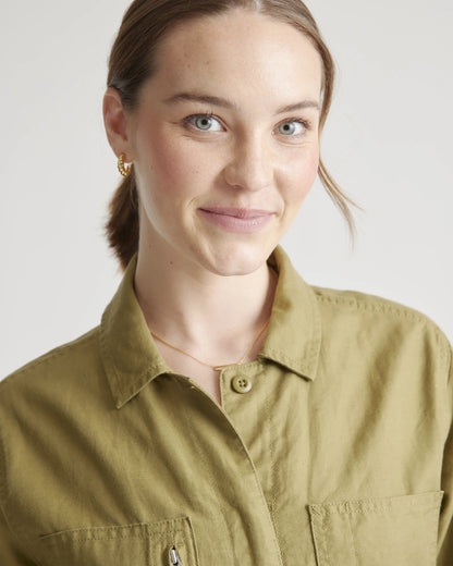 Cotton Linen Twill Long Sleeve Coverall Jumpsuit - XS / Army Green